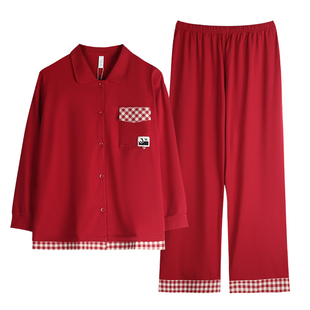 轩靓情侣睡衣女夏季纯棉长袖格子红色新婚结婚男士春秋家居服套装