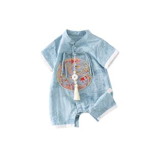 婴儿夏季薄款哈衣男女宝宝夏装周岁满月百天中国风连体衣超萌爬服