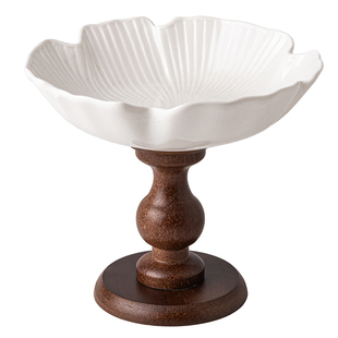 悠瓷高脚果盘复古木质水果盘陶瓷零食坚果盘轻奢高档玄关托盘摆件