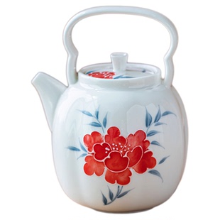 画续白瓷手绘馥蕊青枝提梁壶功夫茶具陶瓷球孔过滤家用泡茶茶壶