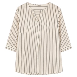 Women's Round Neck Striped 3/4 Sleeve Shirt女生圆领条纹衬衫