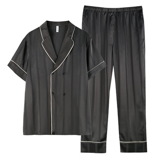 轩靓新中式睡衣男夏季冰丝短袖长裤仿真丝绸双排扣大码家居服套装