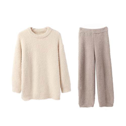 安之伴珊瑚绒睡衣女秋冬季半边绒圆领长袖家居服套装大码加厚保暖