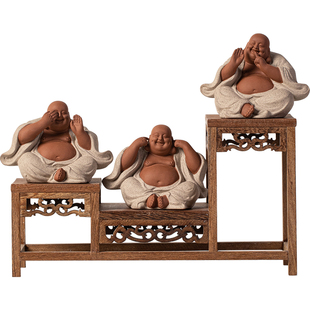 创意紫砂三不弥勒佛茶宠摆件不说不听不看禅意家居可养茶玩工艺品