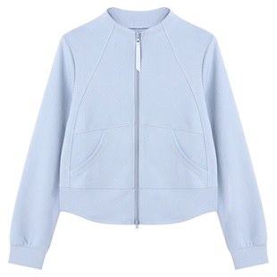 Basic House/百家好长袖运动针织时尚休闲开衫卫衣女立领短款外套