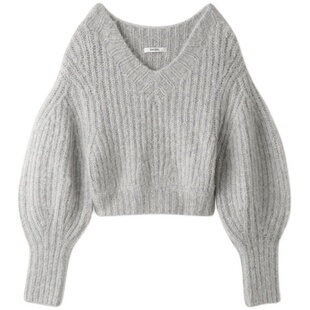 SNIDEL秋冬纯色百搭宽松灯笼袖V领针织衫毛衣SWNT235087