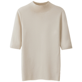 半高领五分袖2025春秋新款短袖针织衫女薄款内搭中袖修身轻薄上衣