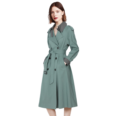 时尚绿色风衣收腰气质中长款外套