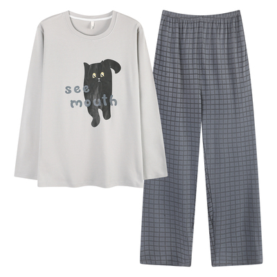 帕兰朵100%纯棉睡衣女秋季新款长袖男带胸垫情侣家居服套装可外穿