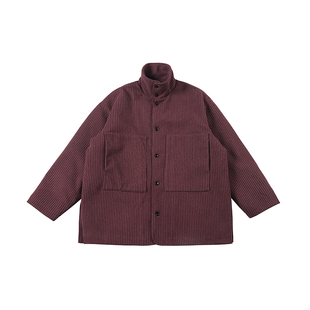 NOEARS中式新年红色条纹大衣宽松翻领毛呢外套日系复古加棉夹克潮