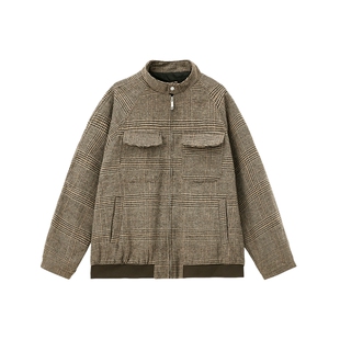 青少年美式痞帅夹克外套男2025新款秋冬季棕色千鸟格长袖上衣男款