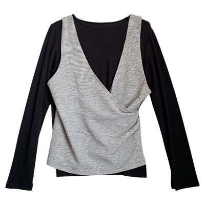 韩版挂脖假两件弹力长袖T恤女