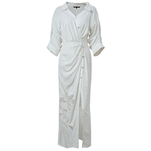 【奥莱】MAXRIENY黑白条纹修身收腰开叉连衣裙设计感衬衫裙