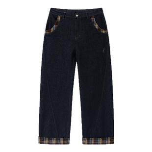 PSO Brand男装女装斜纹拼接格纹复古直筒宽松美式牛仔裤长裤潮牌