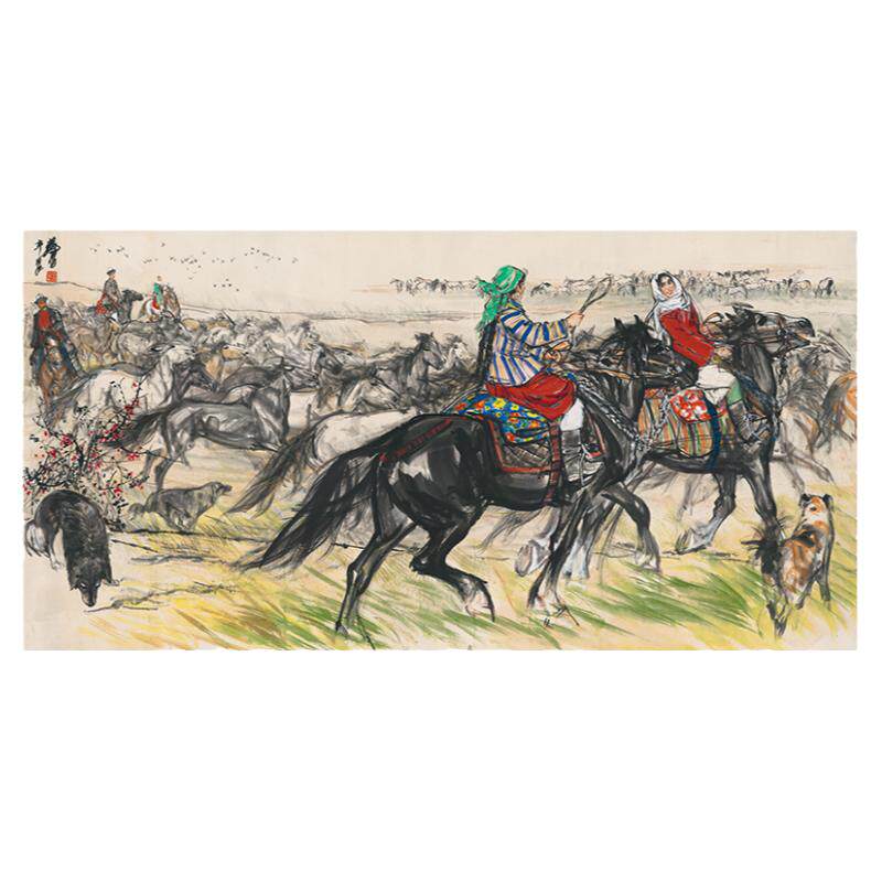 近代国画大师 黄胄-训马图 草原风情装饰画名家真迹微喷复制挂画