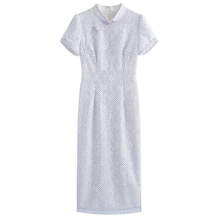 固执夏季新款中式通勤立领蕾丝短袖中长款旗袍气质连衣裙女