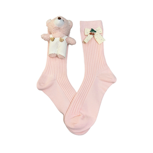 韩版甜美风AB版小熊玩偶中筒袜子女春季新款蝴蝶结装饰可爱饰品袜