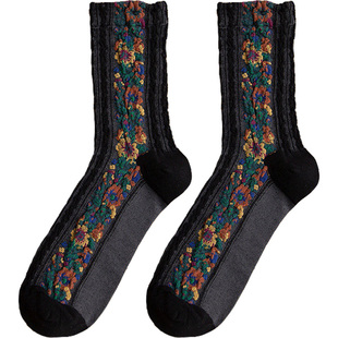 中筒袜子女士秋冬季纯棉高筒森系针织绣花朵民族风长袜ins风日系