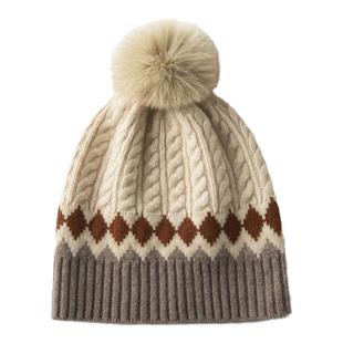 秋冬季100%纯山羊绒帽子女拼色提花狐狸毛球休闲加厚针织毛线帽男