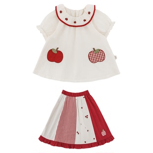 幼悠女童夏季新款荷叶翻领短袖衬衫拼色花边裙子红苹果可爱套装潮