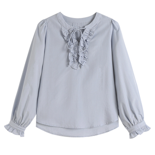 弥古法式蓝色天丝衬衫内搭上衣女2025新款秋冬打底长袖荷叶边衬衣