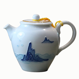 浮雕手绘 小茶壶｜雅致甜白瓷球孔茶壶荷趣山水海浪 家用功夫茶具