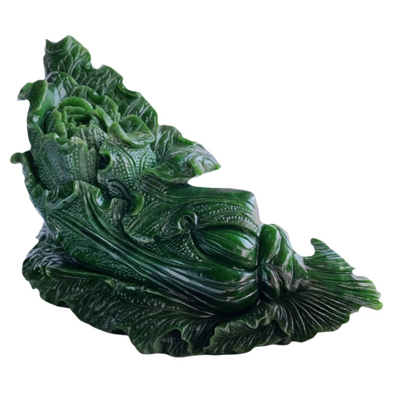 天然和田碧玉玉石珠宝新品自然光实拍菠菜绿百财大摆件白菜000019