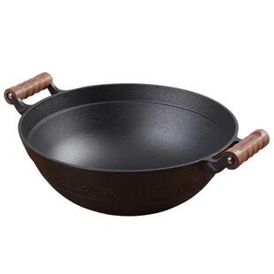 铸彩铸铁炒锅大铁锅双耳老式家用炒菜锅无涂层生铁不粘加深厚炒锅