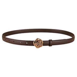 玫瑰扣腰带高级感小众山茶花装饰小皮带女时尚头层牛皮裤带细文艺