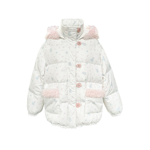 Narratorgirls粉白小熊印花连帽可爱宽松中长款羽绒服90白鸭绒冬