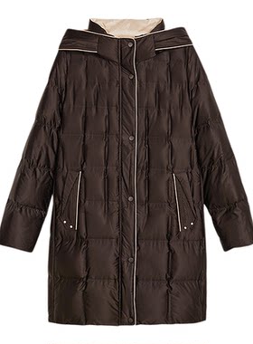 YINER音儿冬季新款法式柔光缎面撞色茧型连帽中长款羽绒服