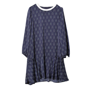 宝诗黎圆领印花雪纺连衣裙2026新款女减龄显瘦夏装长袖时尚中长裙