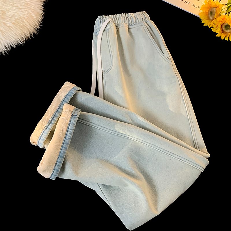 加绒加厚牛仔裤女秋冬宽松直筒2025新款浅色小个子加棉冬季裤子女