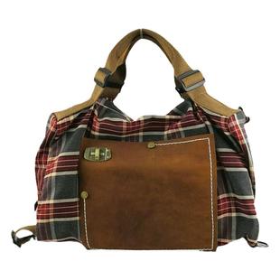 手提双肩包女两用斜挎包大容量红色格子包包新款个性大学生帆布包