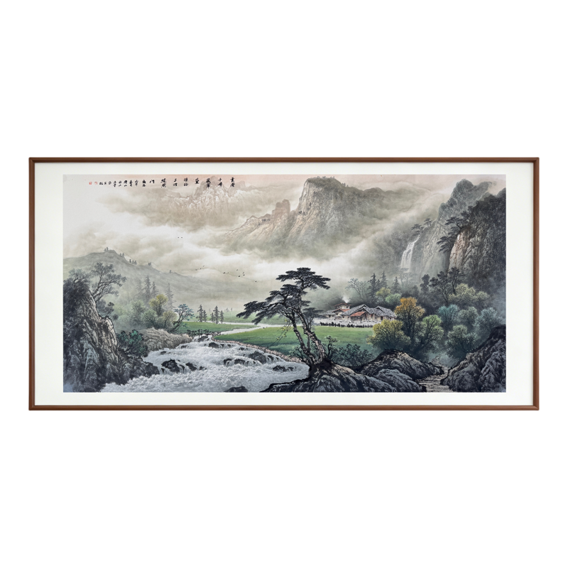 手绘新中式山水画客厅挂画