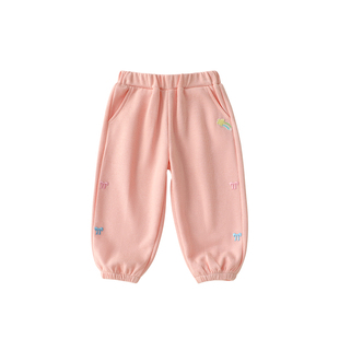 哆萌豆女童卫裤束脚2026新款春秋绣花灯芯绒休闲长裤宝宝粉色裤子