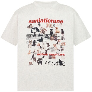Sanjati crane美式卡通可爱动物汇猫咪狗狗男女宽松休闲圆领短袖T