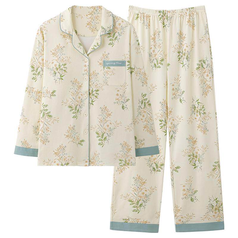 七色纺纯棉紧密翻领家居服带胸垫睡衣2件套185克精梳棉