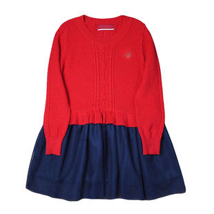 好品质春秋装新薄款女童中大童纯棉针织裙拼接网纱长袖连衣裙子