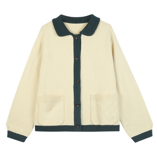 omont蛋挞家 翻领羊毛毛衣开衫外套女秋冬复古撞色设计感针织上衣