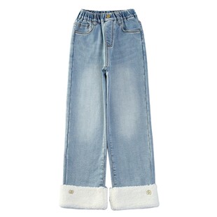 女童加绒裤子秋冬2025新款冬装大童冬季羊羔毛窄版直筒儿童牛仔裤