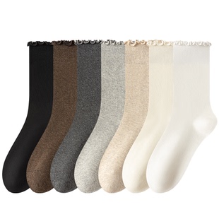 堆堆袜子女秋季纯棉木耳花边中筒袜美拉德配乐福鞋小皮鞋无骨长袜