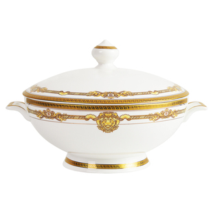 家用欧式9英寸骨瓷高足汤锅陶瓷大号品锅带盖大汤盆双耳防烫大碗