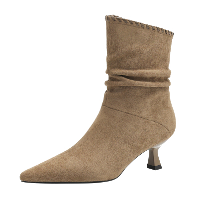 达芙妮细跟加绒短靴美拉德瘦瘦靴