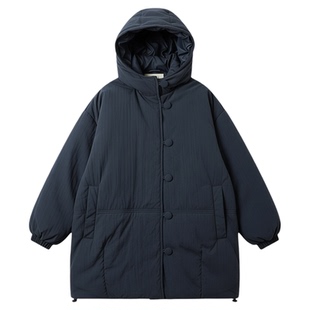 藏青色连帽中长款棉服女冬季新款韩系单排扣加厚保暖棉衣棉袄外套