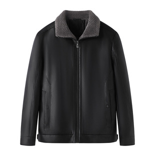品牌撒柜男装新款男士秋冬季翻领毛绒内里保暖休闲夹克外套皮茄克
