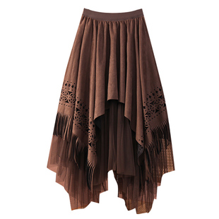 冬季麂皮绒流苏不规则网纱半身裙女秋冬2025新款冬天纱裙长裙子