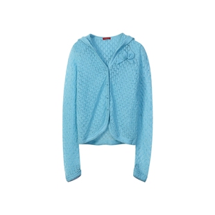 lefame拉飞姆秋季浪漫花朵点缀湖蓝色带帽针织开衫