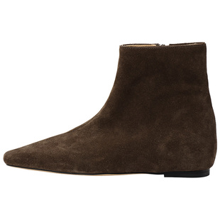 RIM RIM聆里塑形马皮显瘦棕色坡跟反绒法式小方头短靴短筒瘦瘦靴