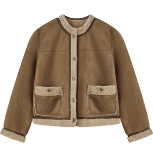 爱居兔机车风夹克女冬季新款绒美拉德风仿羊羔外套